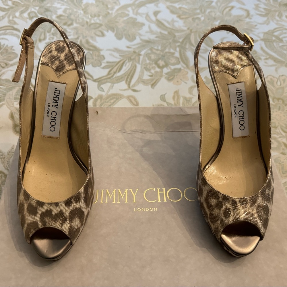 Jimmy Choo Open Toe Pumps Slingback Heels Leopard Shimmer Leather 36